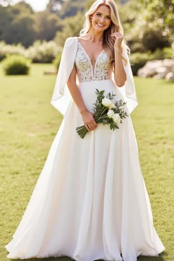 Marfim Renda Decote em V Linha-A Chiffon Longos Vestidos de Noiva