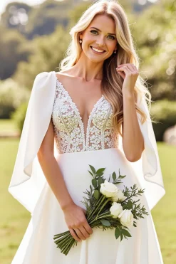 Marfim Renda Decote em V Linha-A Chiffon Longos Vestidos de Noiva