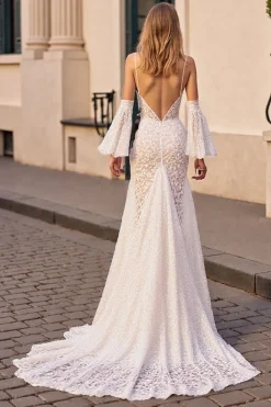 Marfim Renda Sereia Varredura Trem Vestido de Noiva com Fenda