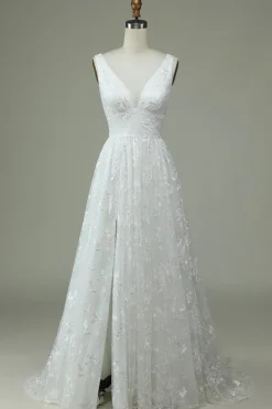 Marfim Renda V-Neck Vestido de Noiva com Fenda