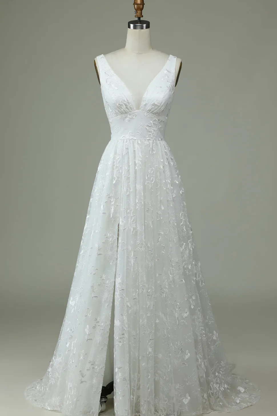 Marfim Renda V-Neck Vestido de Noiva com Fenda