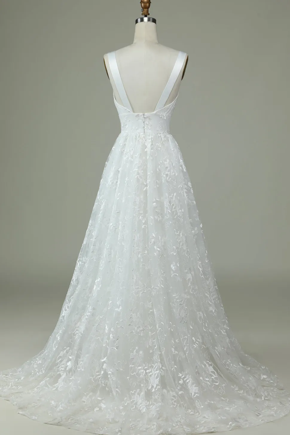 Marfim Renda V-Neck Vestido de Noiva com Fenda
