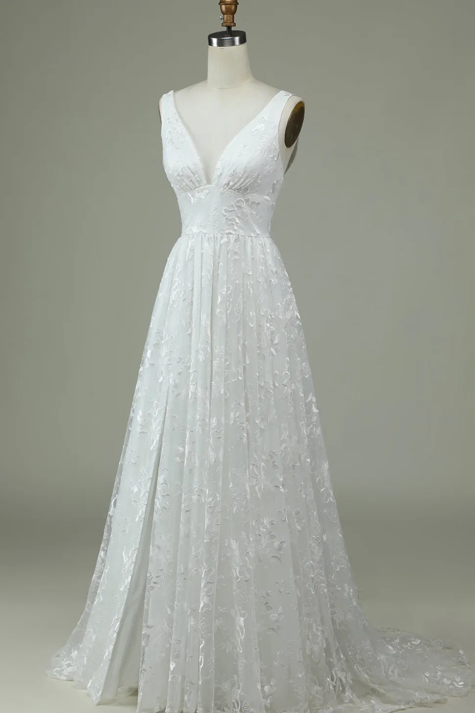 Marfim Renda V-Neck Vestido de Noiva com Fenda