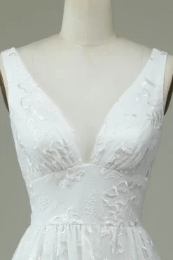 Marfim Renda V-Neck Vestido de Noiva com Fenda