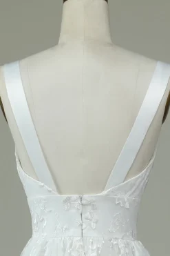 Marfim Renda V-Neck Vestido de Noiva com Fenda