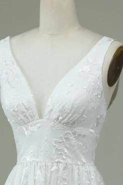 Marfim Renda V-Neck Vestido de Noiva com Fenda