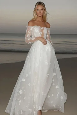 Marfim romântico uma linha de tule vestido de noiva manga longa com apliques de renda