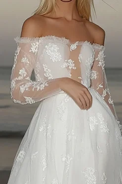 Marfim romântico uma linha de tule vestido de noiva manga longa com apliques de renda
