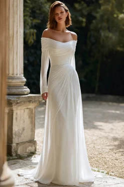 Marfim Ruched fora do ombro bainha vestido de noiva