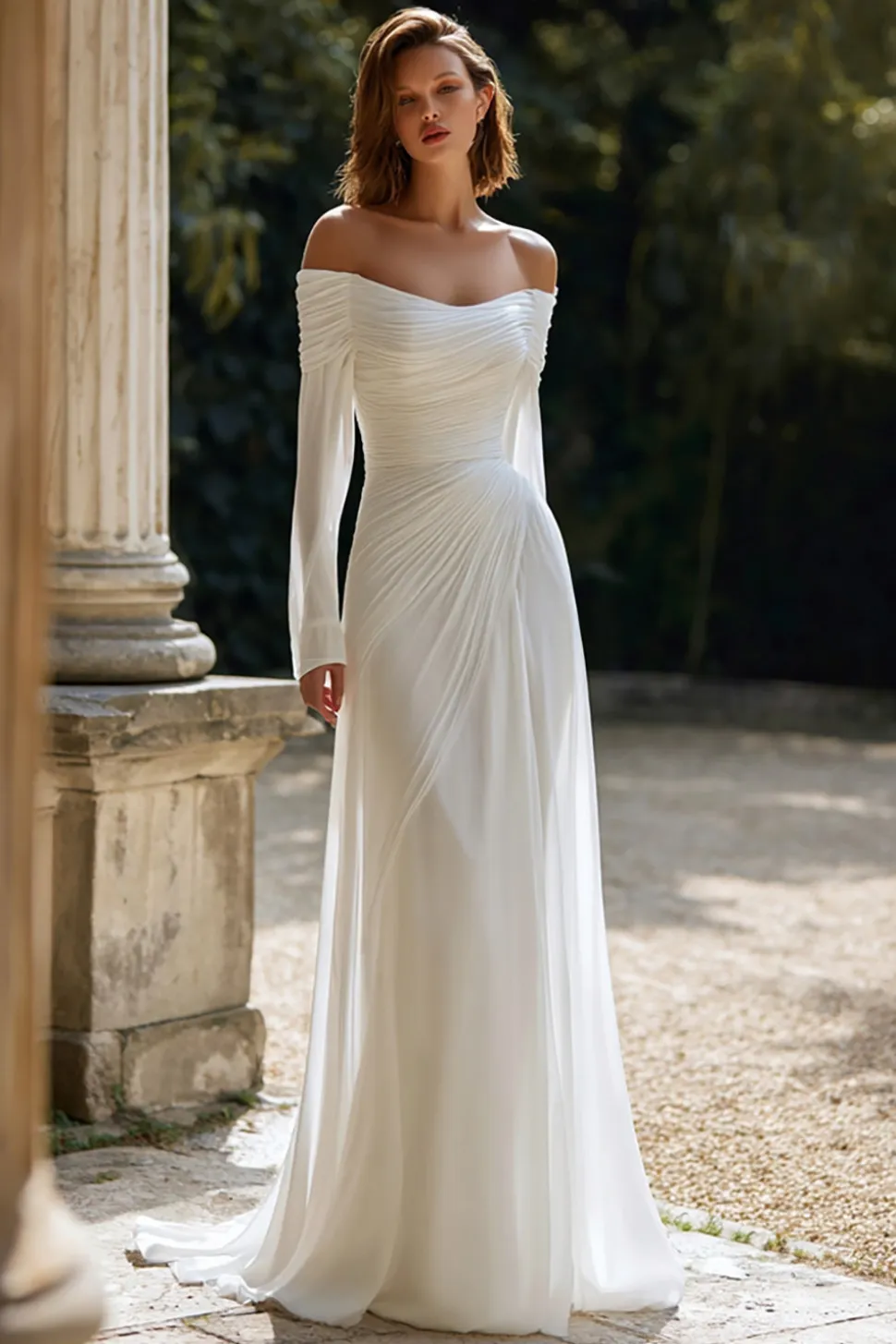 Marfim Ruched fora do ombro bainha vestido de noiva