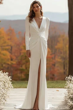 Marfim Ruched Long Sleeve Bainha Vestido de Noiva