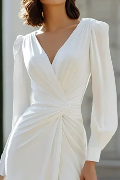 Marfim Ruched manga longa uma linha vestido de noiva