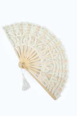 Marfim 1920s Hollow Lace Fan com Franjas