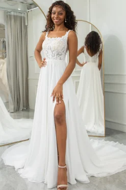 Marfim Scoop Neck Boho Chiffon Vestido de Noiva com Renda