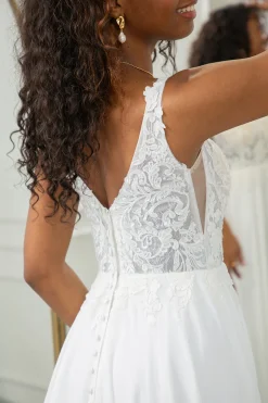 Marfim Scoop Neck Boho Chiffon Vestido de Noiva com Renda