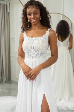 Marfim Scoop Neck Boho Chiffon Vestido de Noiva com Renda