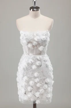 Marfim sem alças frisado apertado vestido de noiva curto com apliques