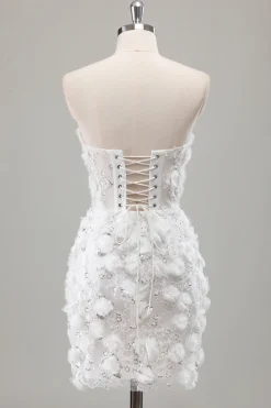 Marfim sem alças frisado apertado vestido de noiva curto com apliques