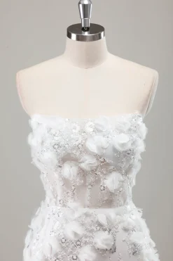 Marfim sem alças frisado apertado vestido de noiva curto com apliques