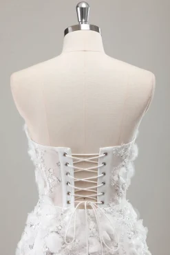 Marfim sem alças frisado apertado vestido de noiva curto com apliques