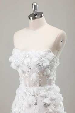 Marfim sem alças frisado apertado vestido de noiva curto com apliques