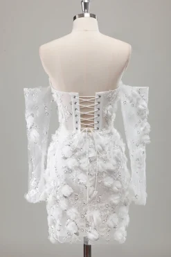 Marfim sem alças frisado apertado vestido de noiva curto com apliques