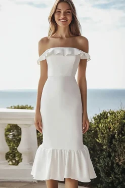 Marfim Sem Ombros Bainha Midi Vestido De Noiva Simples