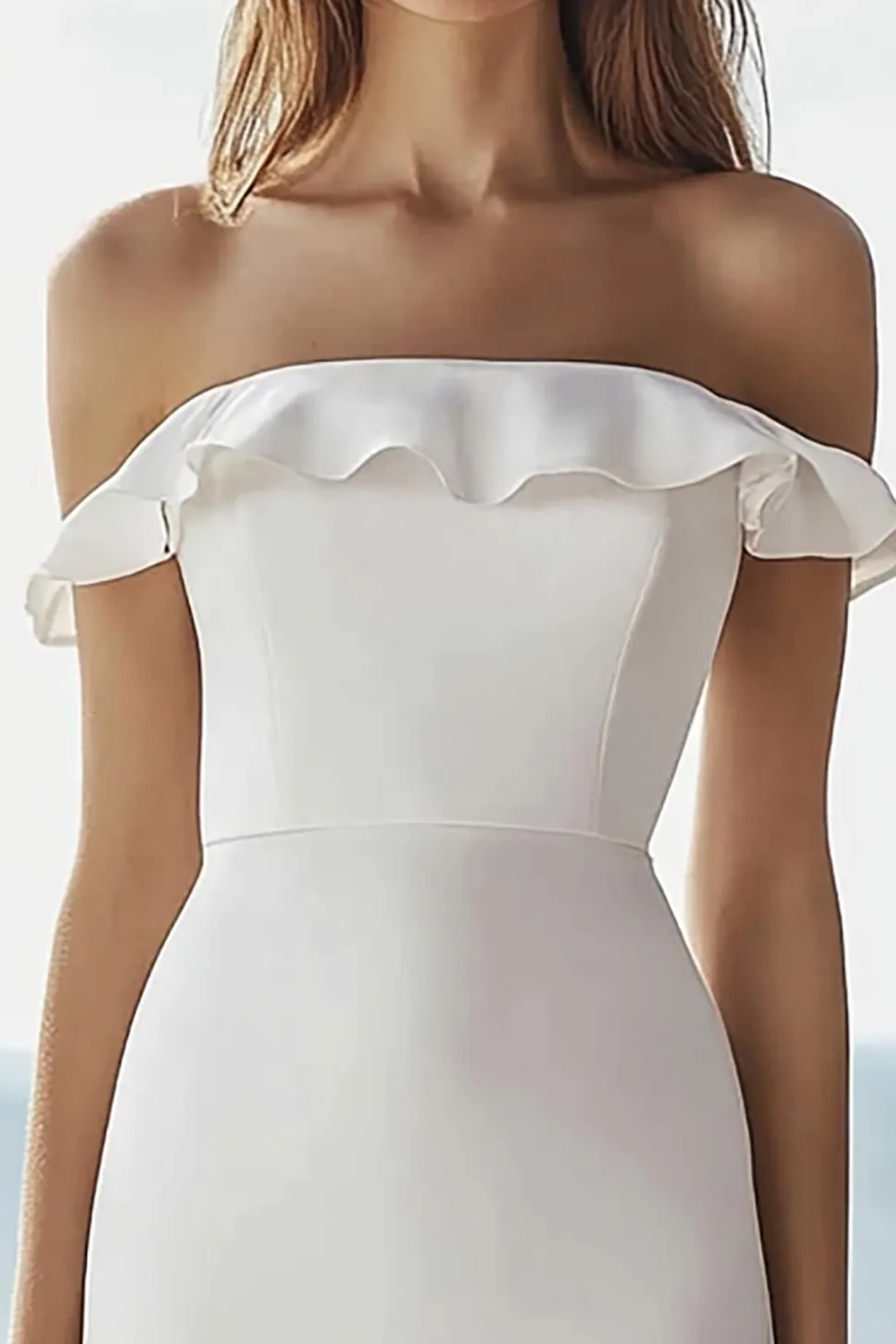 Marfim Sem Ombros Bainha Midi Vestido De Noiva Simples