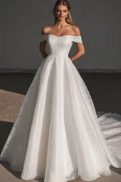 Marfim Sem Ombros Renda De Baile/Princesa Longos Vestido de Noiva