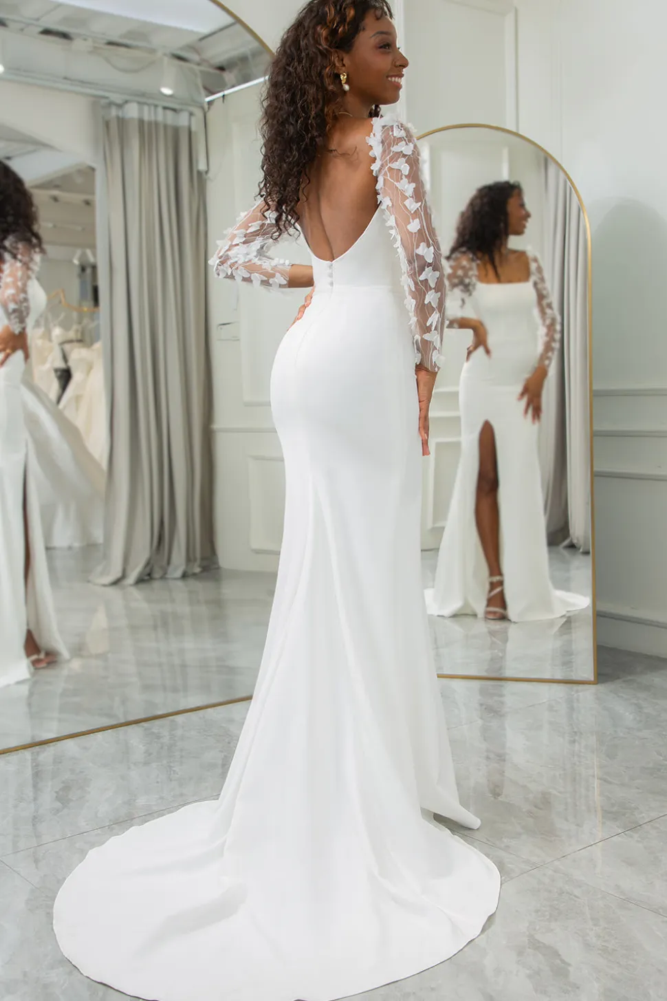 Marfim Sereia Backless Borboletas Vestido de Noiva