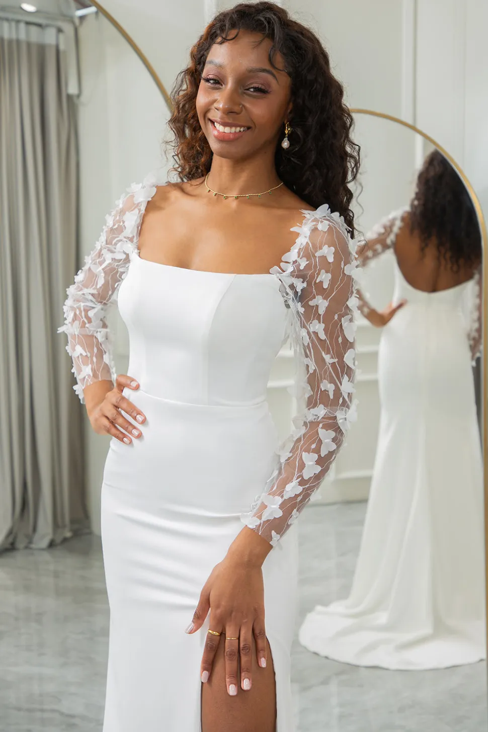 Marfim Sereia Backless Borboletas Vestido de Noiva
