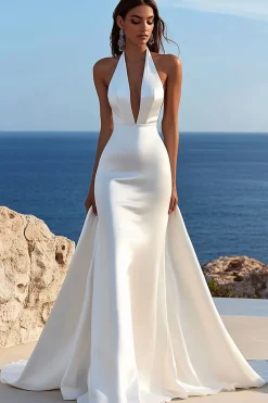 Marfim Sereia Cabeçada Cetim Longo Vestido de Noiva