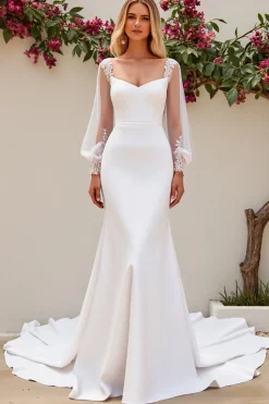 Marfim Sereia Cetim Sweep/Brush Trem Vestido de Noiva com Renda