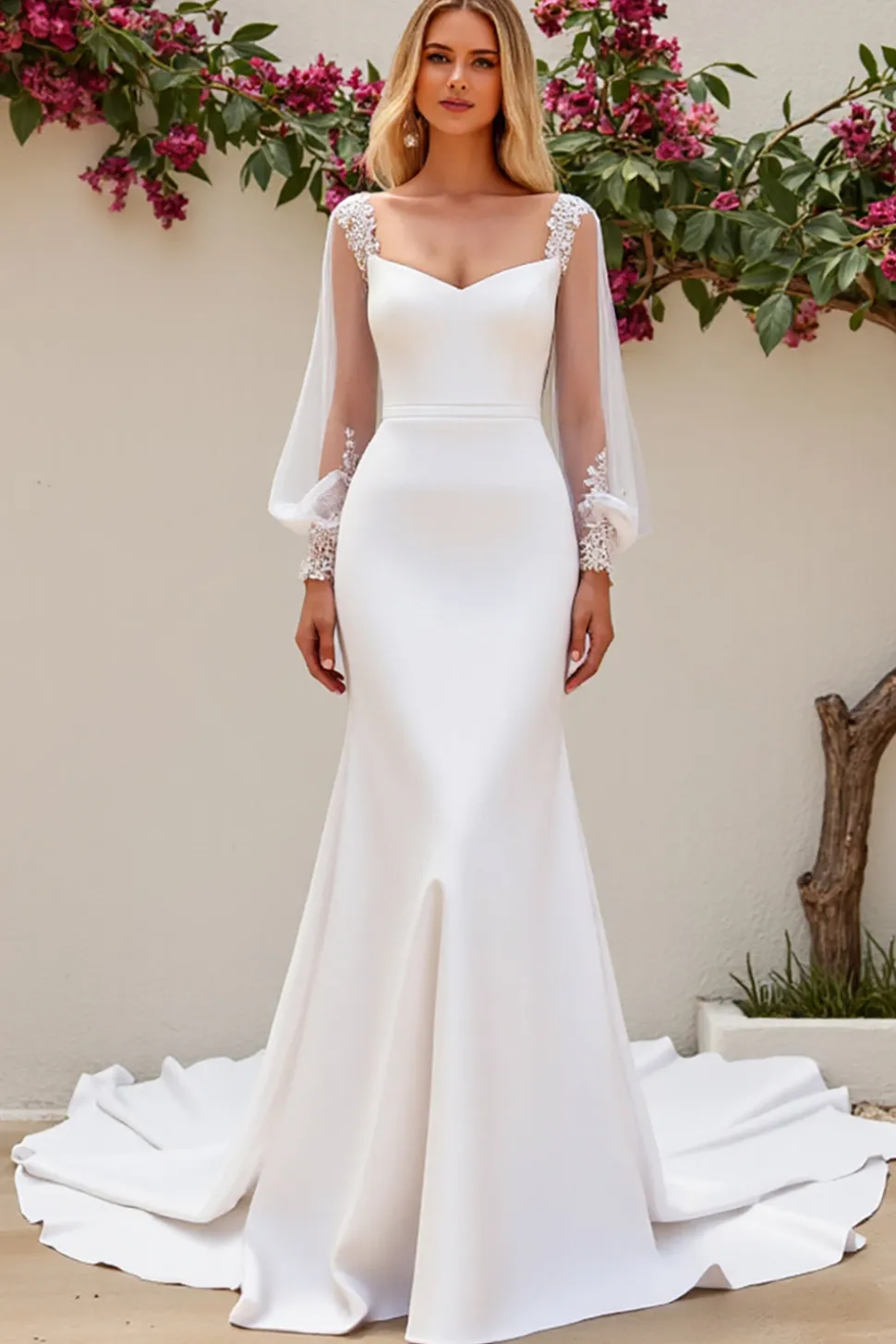 Marfim Sereia Cetim Sweep/Brush Trem Vestido de Noiva com Renda