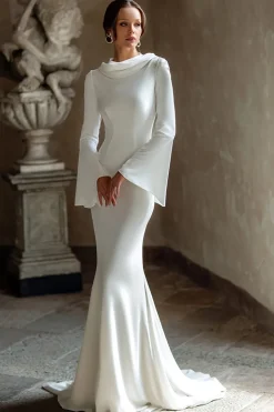 Marfim Sereia Cowl Neck Vestido de Noiva Longo