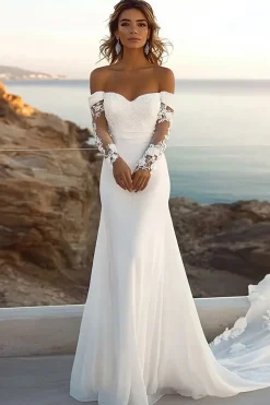 Marfim Sereia Fora do Ombro Renda Longos Vestido de Noiva