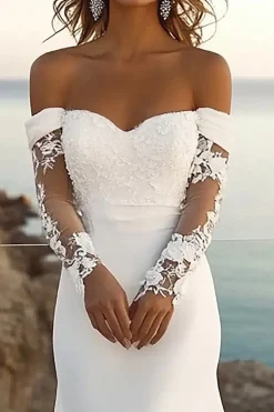 Marfim Sereia Fora do Ombro Renda Longos Vestido de Noiva