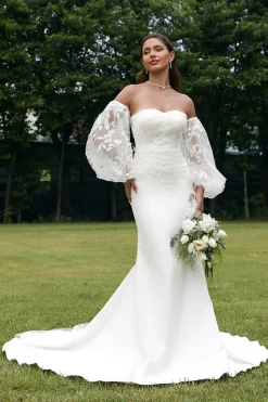 Marfim Sereia Querida Detachale Mangas Longas Vestido de Noiva com Renda