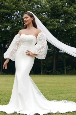 Marfim Sereia Querida Detachale Mangas Longas Vestido de Noiva com Renda