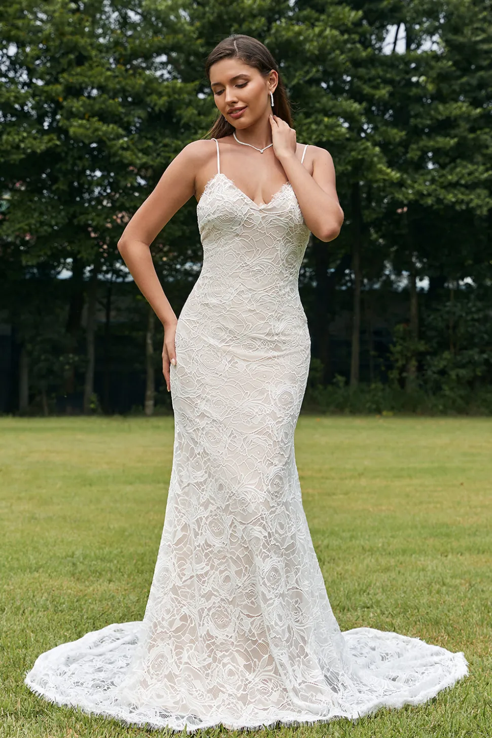 Marfim Sereia Renda Backless Vestido de Noiva