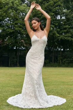 Marfim Sereia Renda Backless Vestido de Noiva
