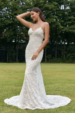 Marfim Sereia Renda Backless Vestido de Noiva
