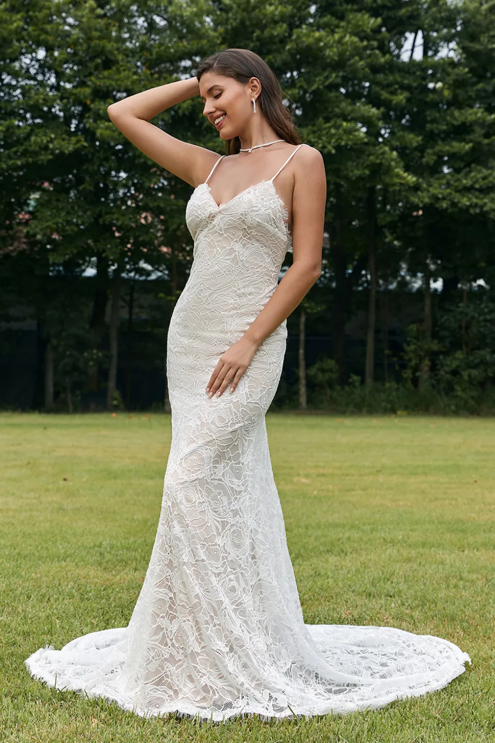 Marfim Sereia Renda Backless Vestido de Noiva