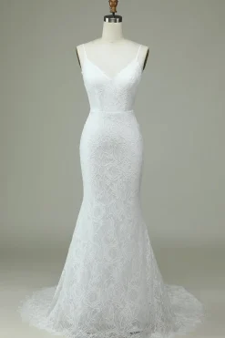 Marfim Sereia Renda Backless Vestido de Noiva