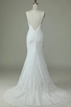 Marfim Sereia Renda Backless Vestido de Noiva