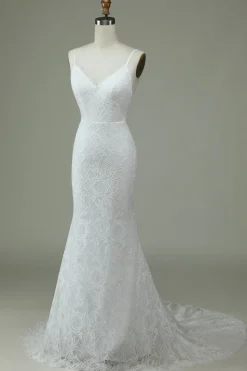 Marfim Sereia Renda Backless Vestido de Noiva
