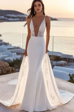 Marfim Sereia Renda Decote em V Sweep/Brush Trem Vestido de Noiva