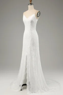 Marfim Sereia Renda Esparguete Correias Vestido de Noiva com Fenda