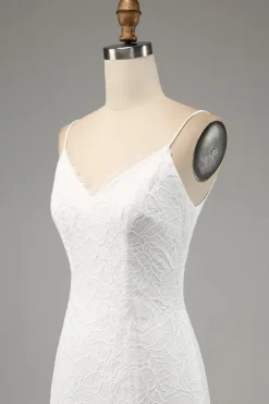 Marfim Sereia Renda Esparguete Correias Vestido de Noiva com Fenda
