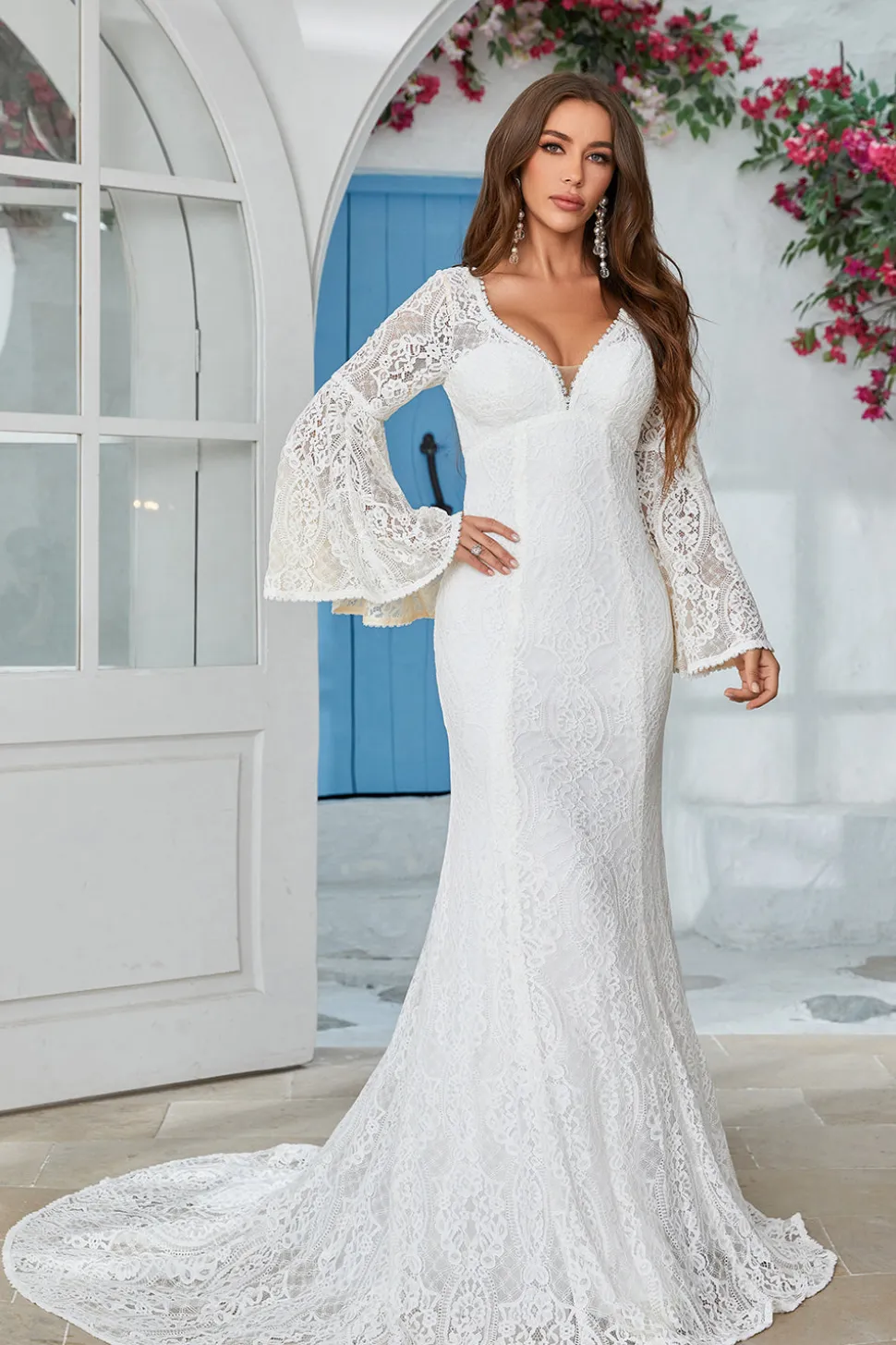 Marfim Sereia Renda Flare Mangas Vestido de Noiva